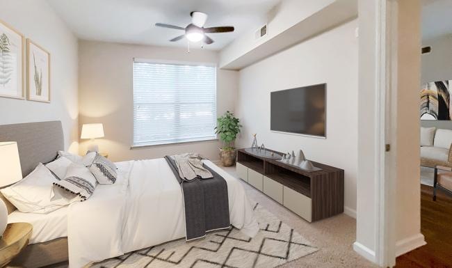 large window in carpeted bedroom
