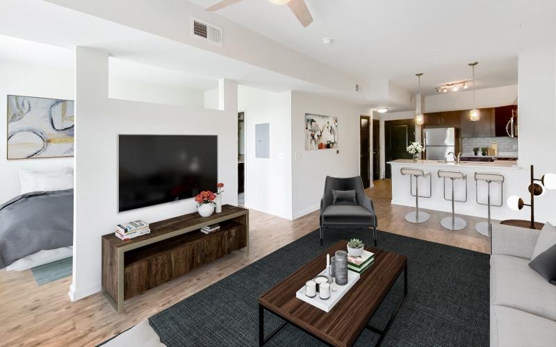 well lit living room with a partial wall shared with bedroom on the other side